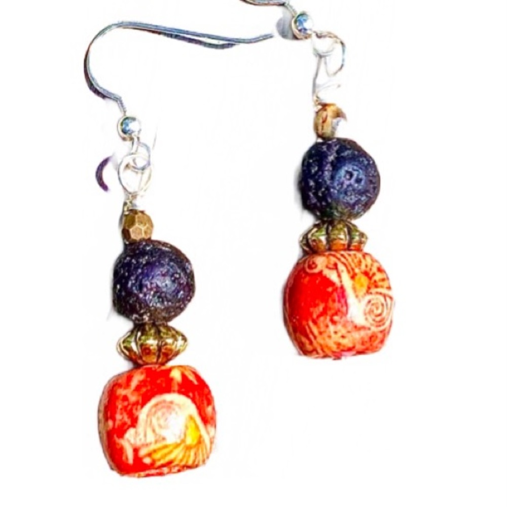Black Lava/painted wood/Jasper earrings.